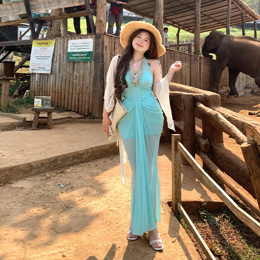 安妮不火【盐砂吻浪】新款度假风气质显瘦挂脖网纱礼服裙A251Q0178