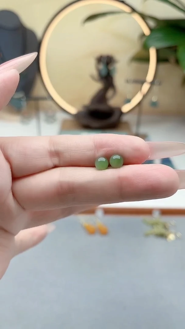 银S925镶嵌和田玉耳饰00碧玉耳钉