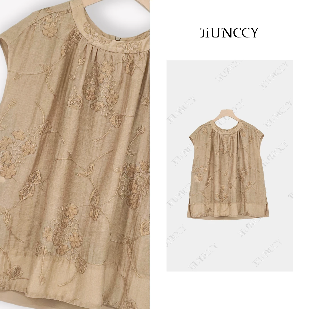 JIUNCCY【茶韵】定制天丝重工立体绣花高级气质小飞袖上衣 24CY132