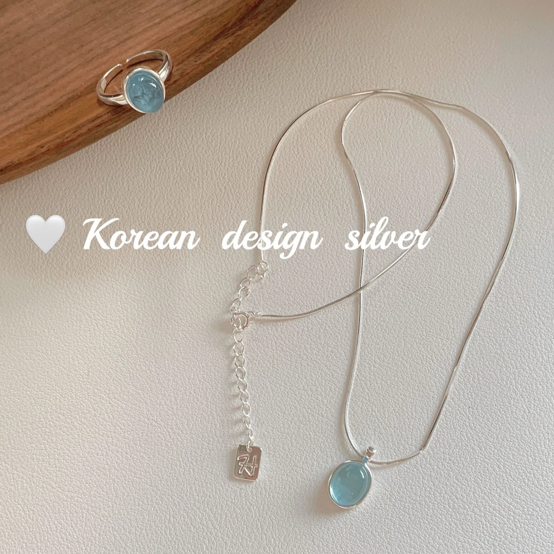 链子925银 夏日限定海蓝色纯银项链戒指ins水滴吊坠锁骨链彩色