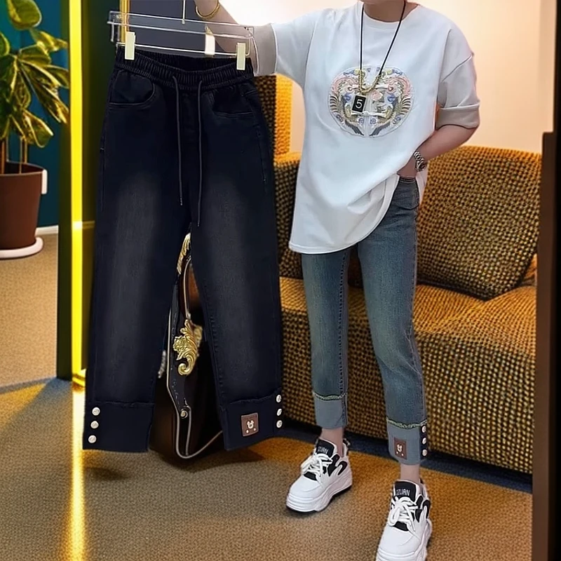 大码胖妹妹mm秋季新款直筒牛仔裤女梨形身材弹力显瘦九分法棍裤子