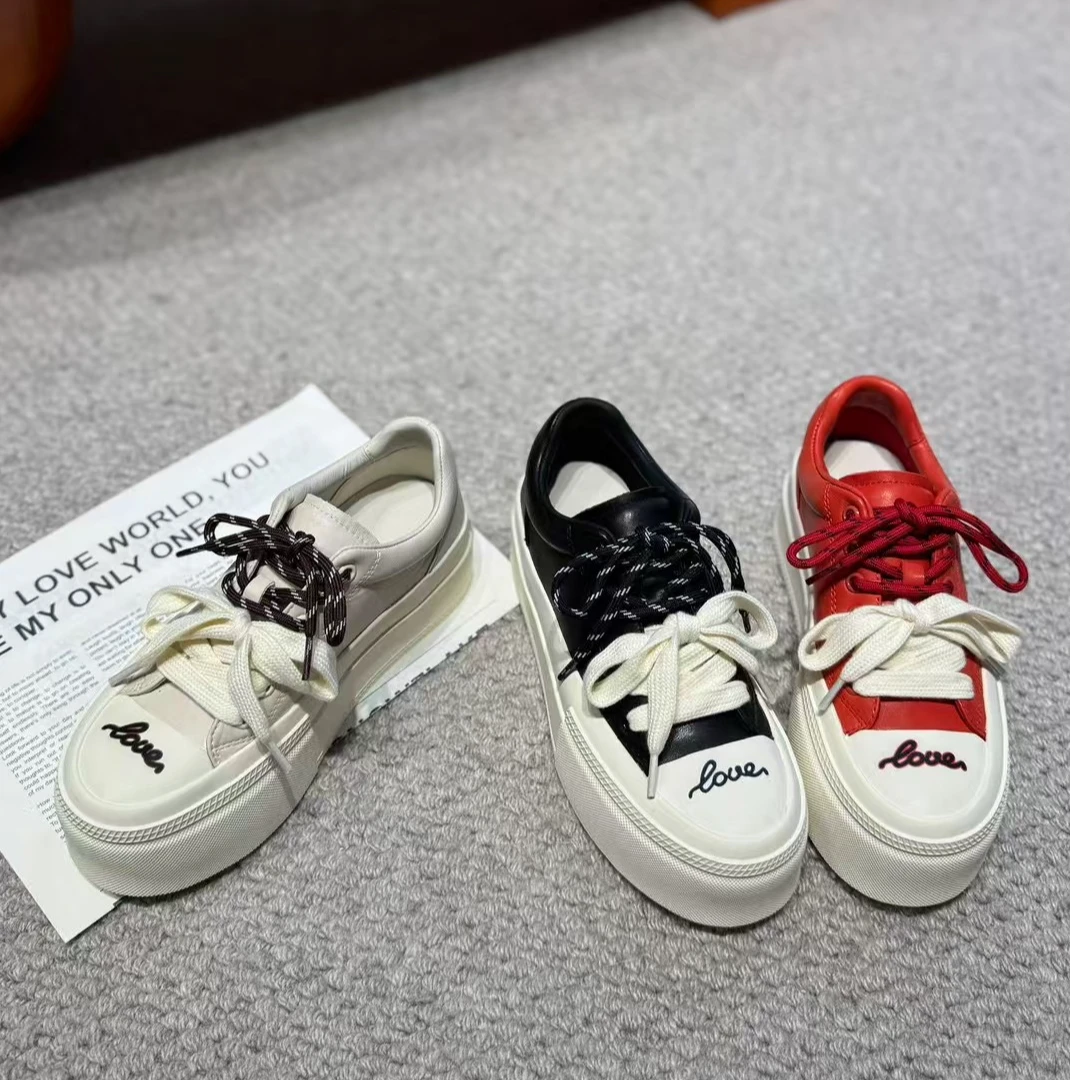 欧洲站真皮2025春新款圆头系带松糕底休闲板鞋增高牛皮小白鞋