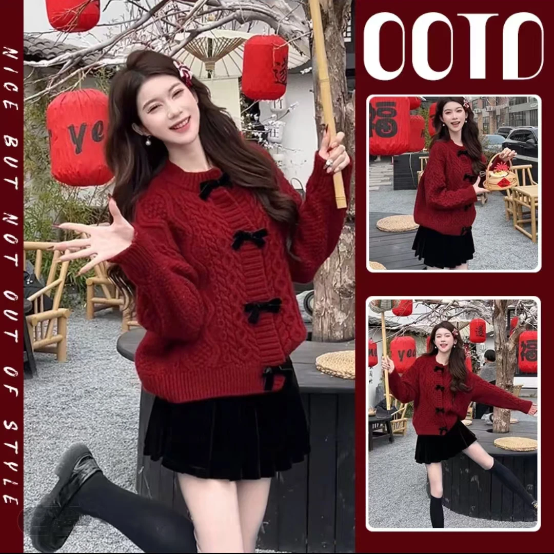 春季穿搭一整套女2025新款韩复古针织衫麻花蝴蝶结时尚短裙两件套