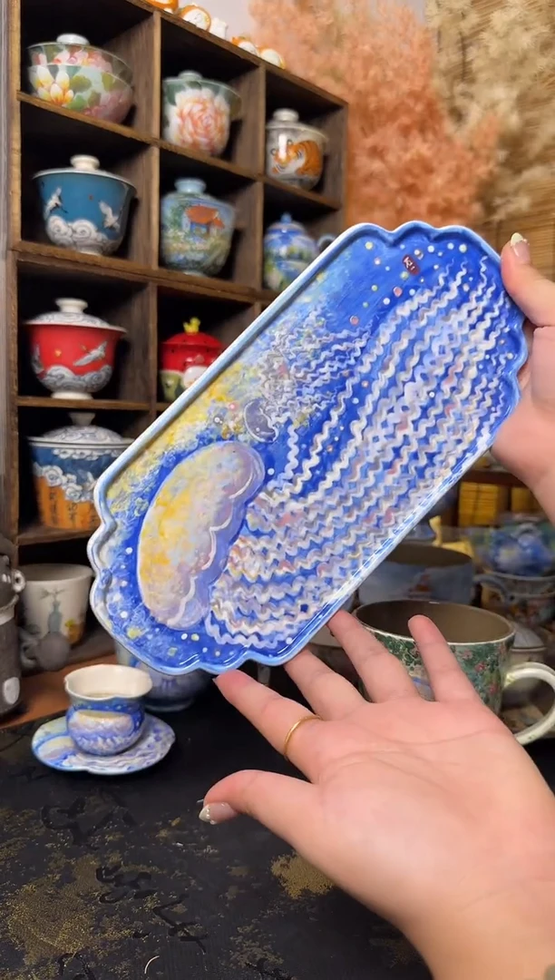 石一手绘水母茶盘