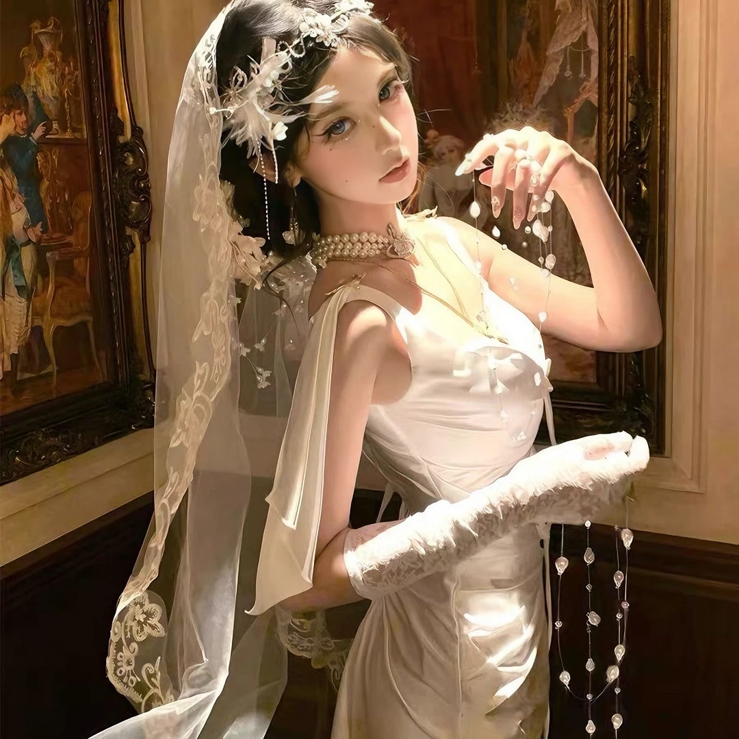 白色蕾丝头纱洛丽塔花嫁新娘头饰超仙森系拍照道具lolita复古结婚