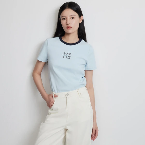 Migaino曼娅奴女装2025春夏新款正肩修身显瘦上衣圆领短袖休闲T恤