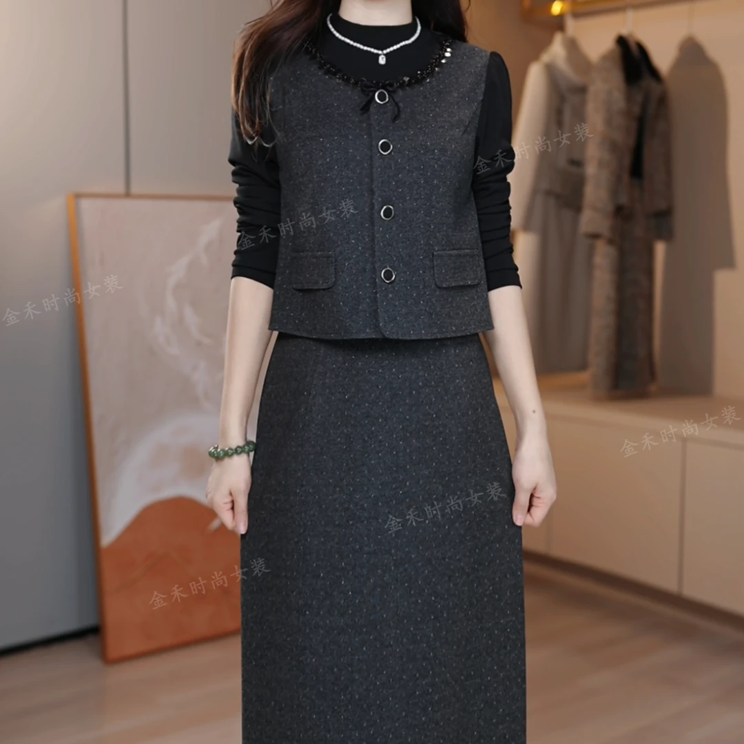 1323#{假两件}新品女装显瘦气质长袖收腰2025时尚中长裙子
