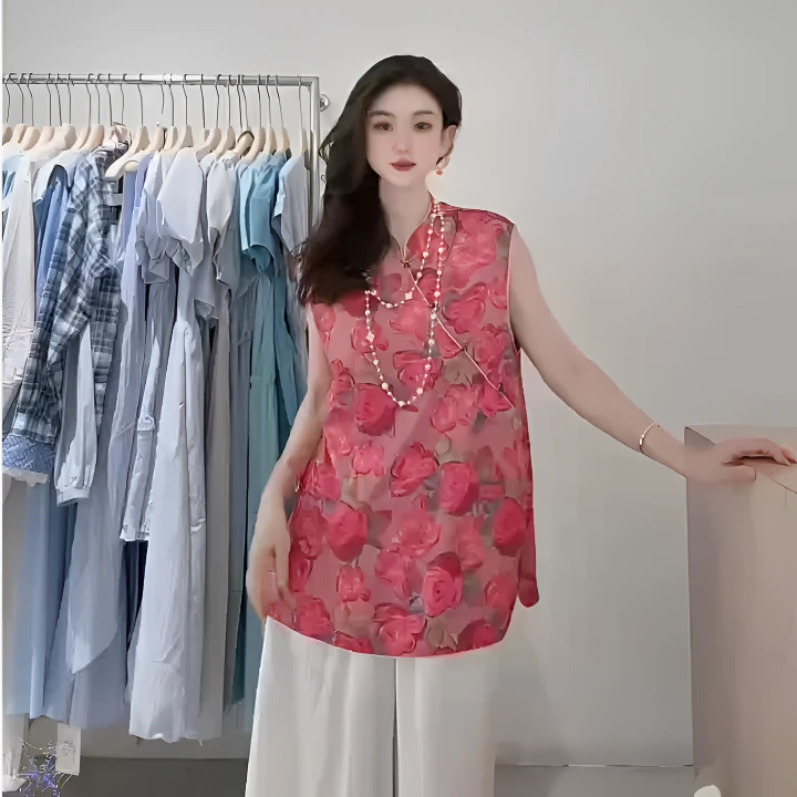 2025花色无袖衬衫上衣盘扣斜门襟立领复古新中式国风女装夏季新款
