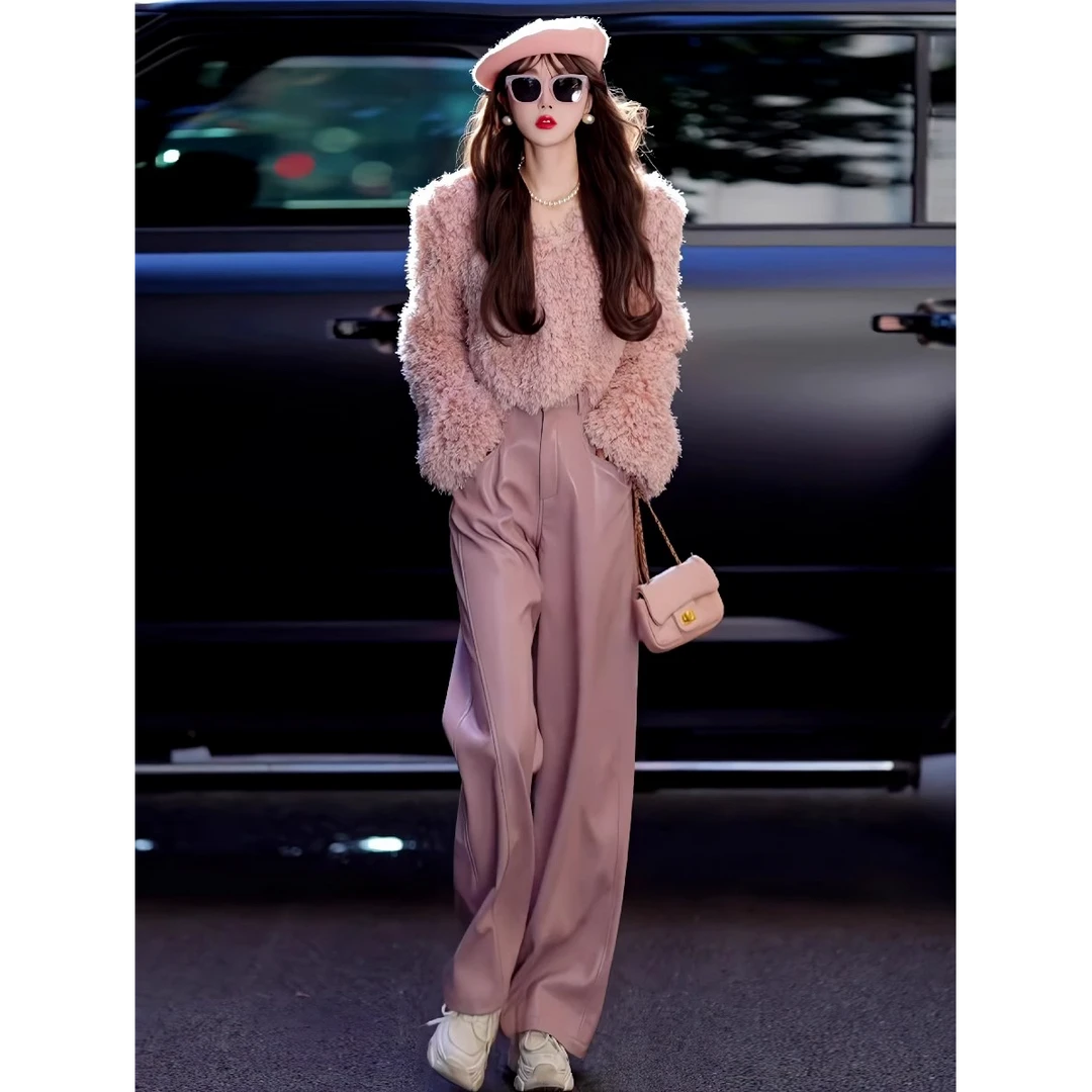 今年流行粉色短款V领套头毛衣女秋冬新款慵懒风软糯宽松毛毛上衣