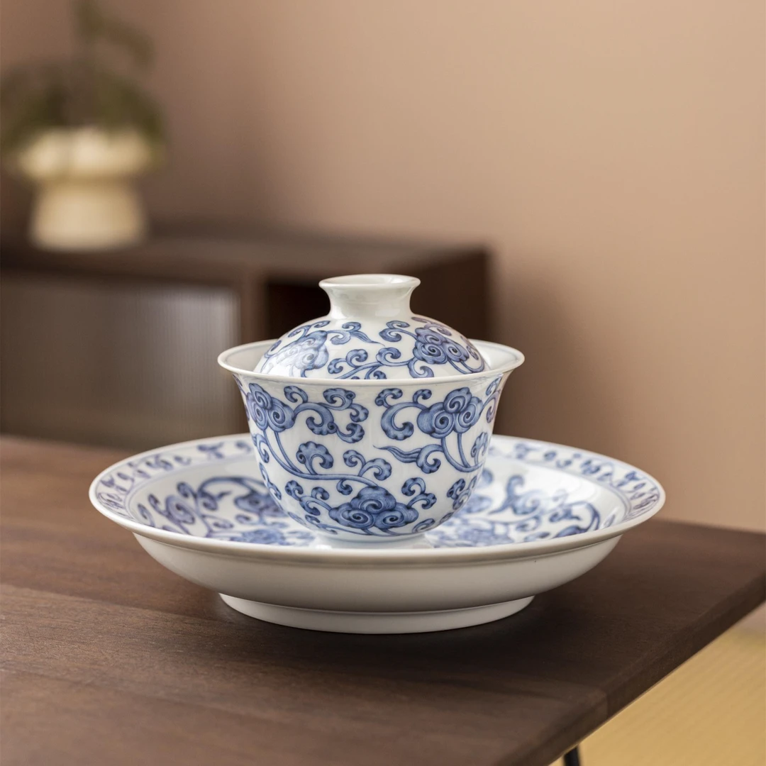 复古青花灵芝三才盖碗陶瓷特大盖碗瓷盖碗景德镇中式家用带盖白瓷