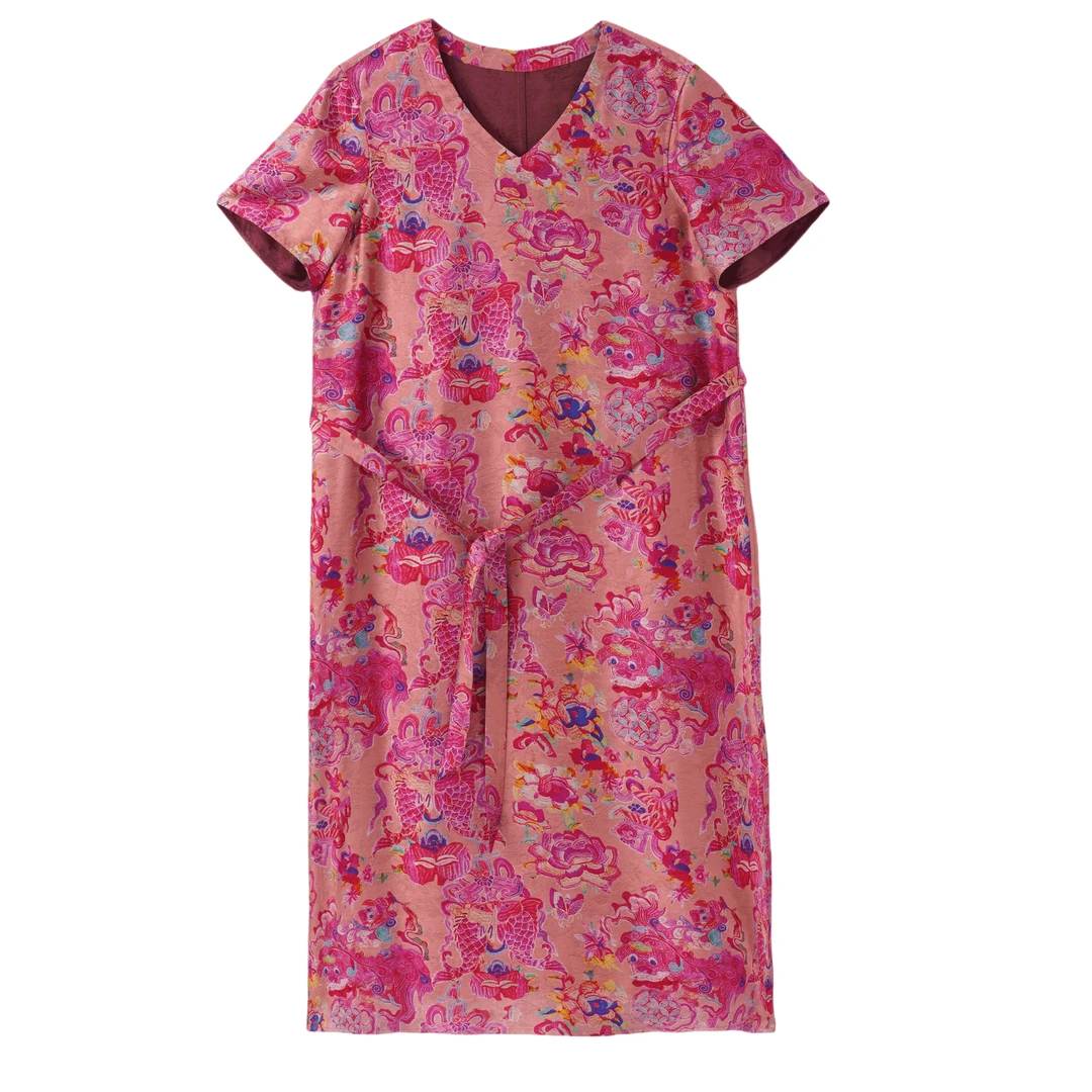 霜华-YZQS250606新中式香云纱桑蚕丝中国风复古时尚圆领连衣裙女