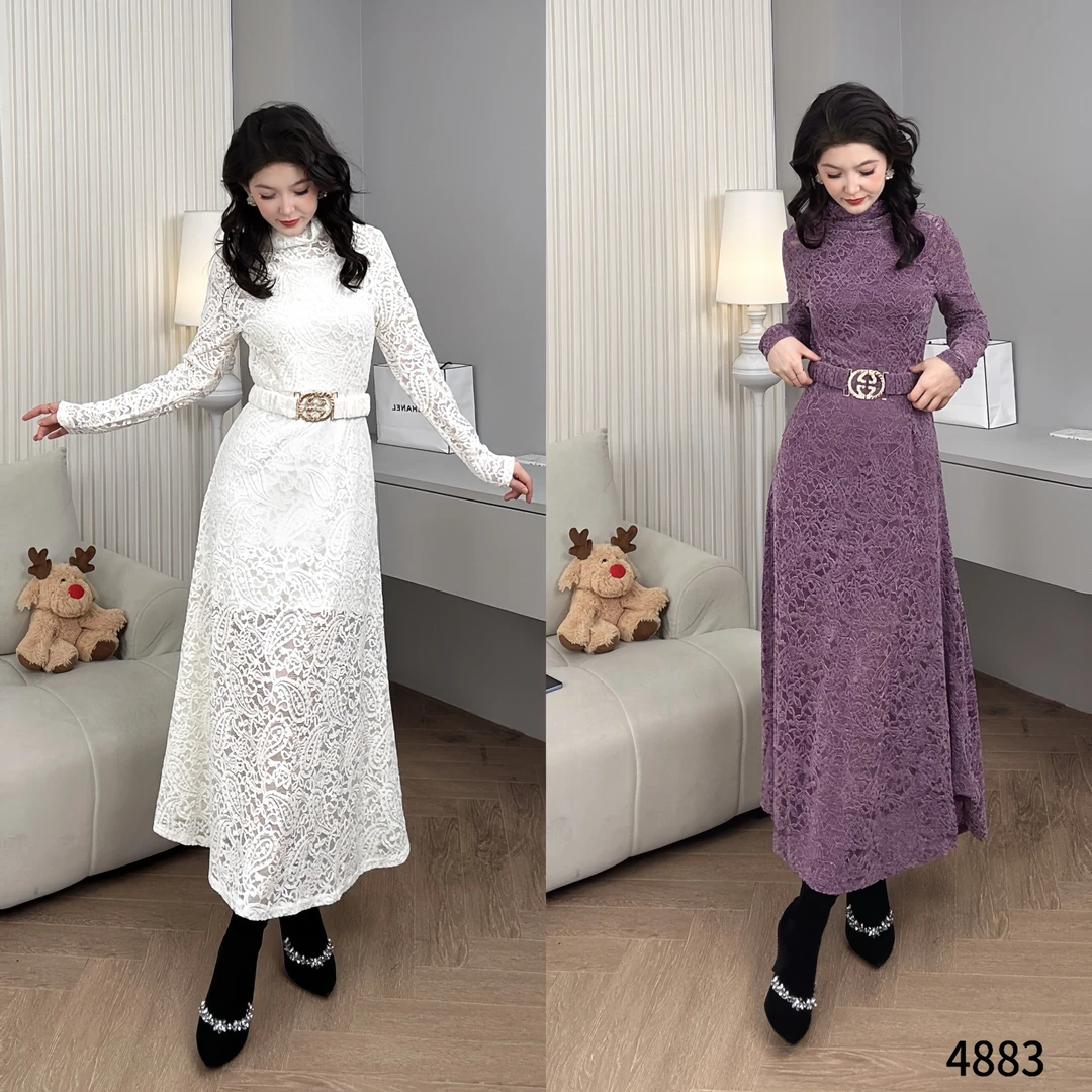 新款法式长袖气质女神连衣裙镂空蕾丝绣花高腰连衣裙YF4883