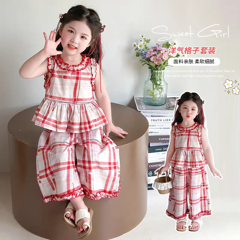 女童夏套装2025新款宝宝洋气背心夏装儿童格子无袖阔腿裤韩版