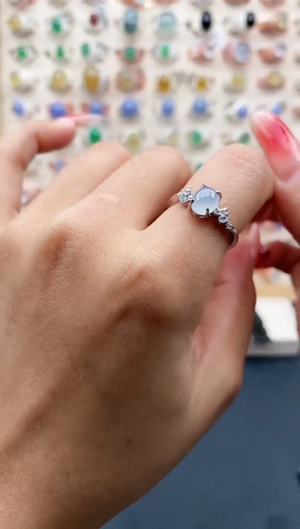 【闪购商品】翡翠戒指银S925镶嵌缅甸天然A货翡翠222 5+5