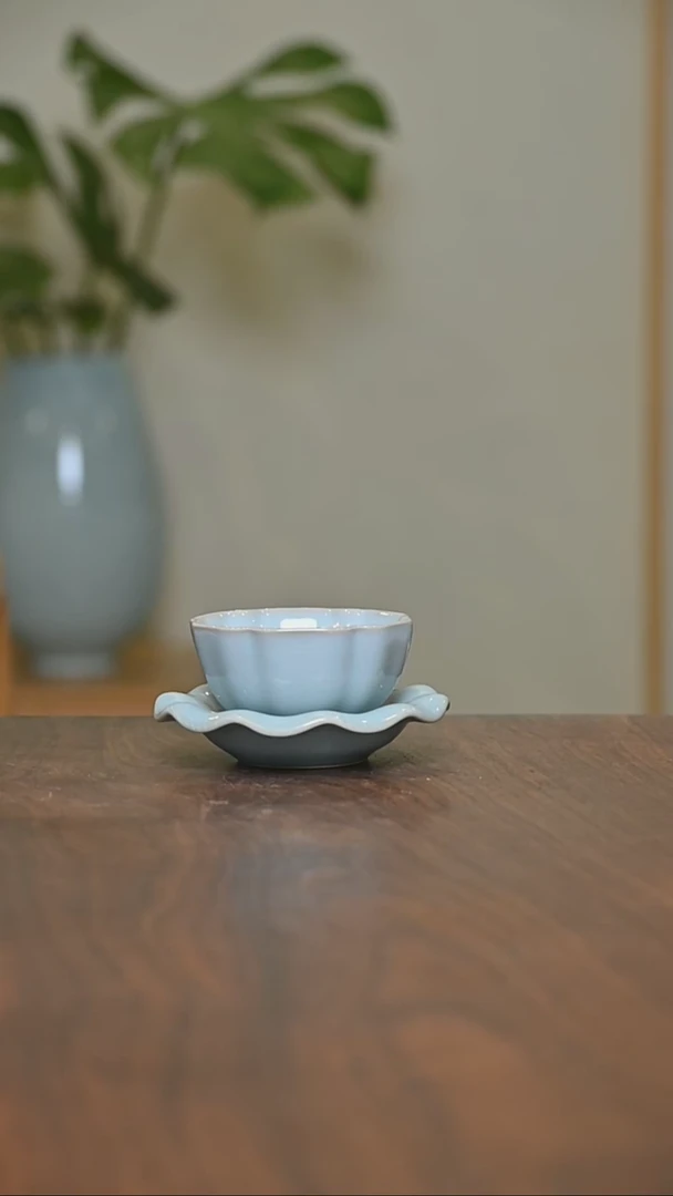天青釉 杯+盏托 微瑕