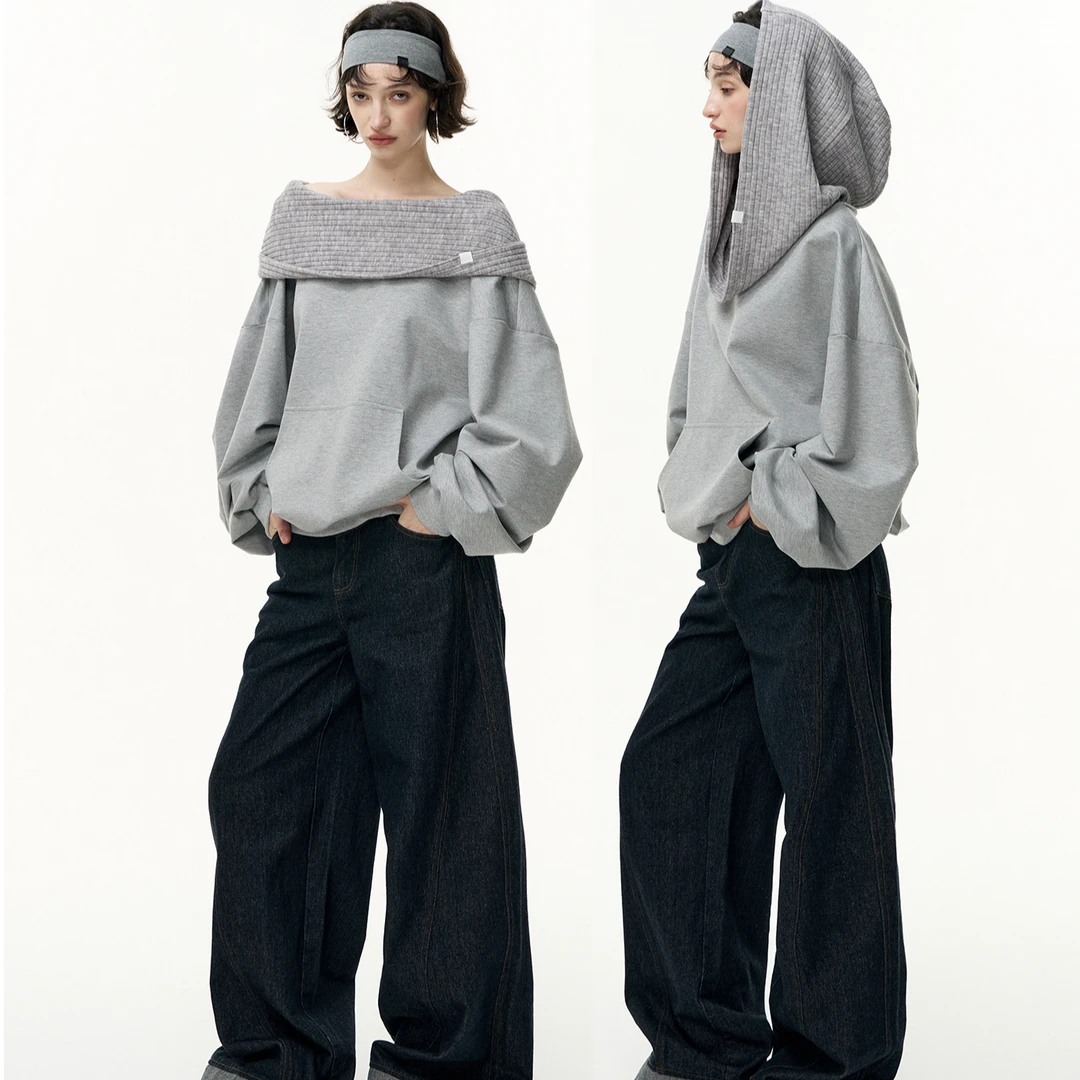2025秋季新款【博尔赫斯】斜肩一字领宽松套头连帽卫衣休闲时尚百搭