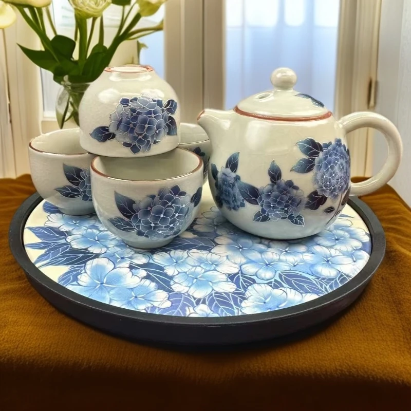 ZH3555-汝窑绣球花龙蛋壶+客杯*4+圆形蓝色绣球花吸水干泡盘家用