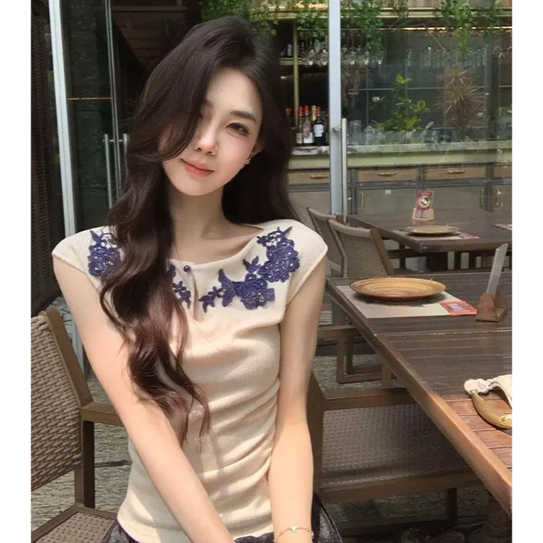 【气质高雅】夏季气质刺绣花边上衣浮雕感花边无袖上衣