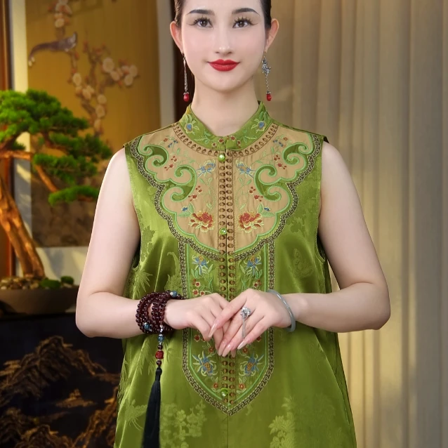 [WYZAKING]【春尽安】新款重工刺绣新中式缎面复古长款坎肩马甲