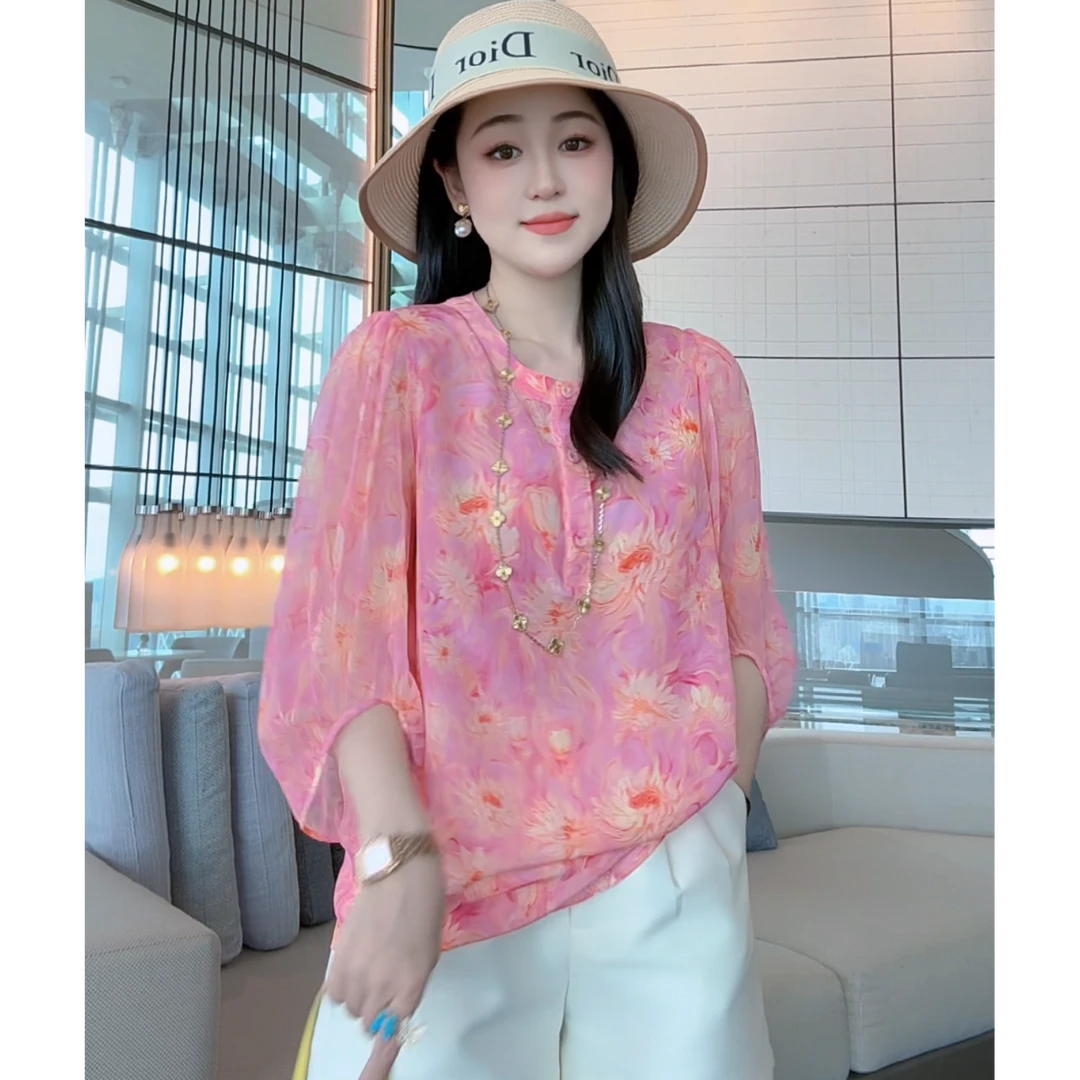 【丝芙玉禄】（F859）100真丝双绉印花粉色时尚显瘦桑蚕丝t恤上衣