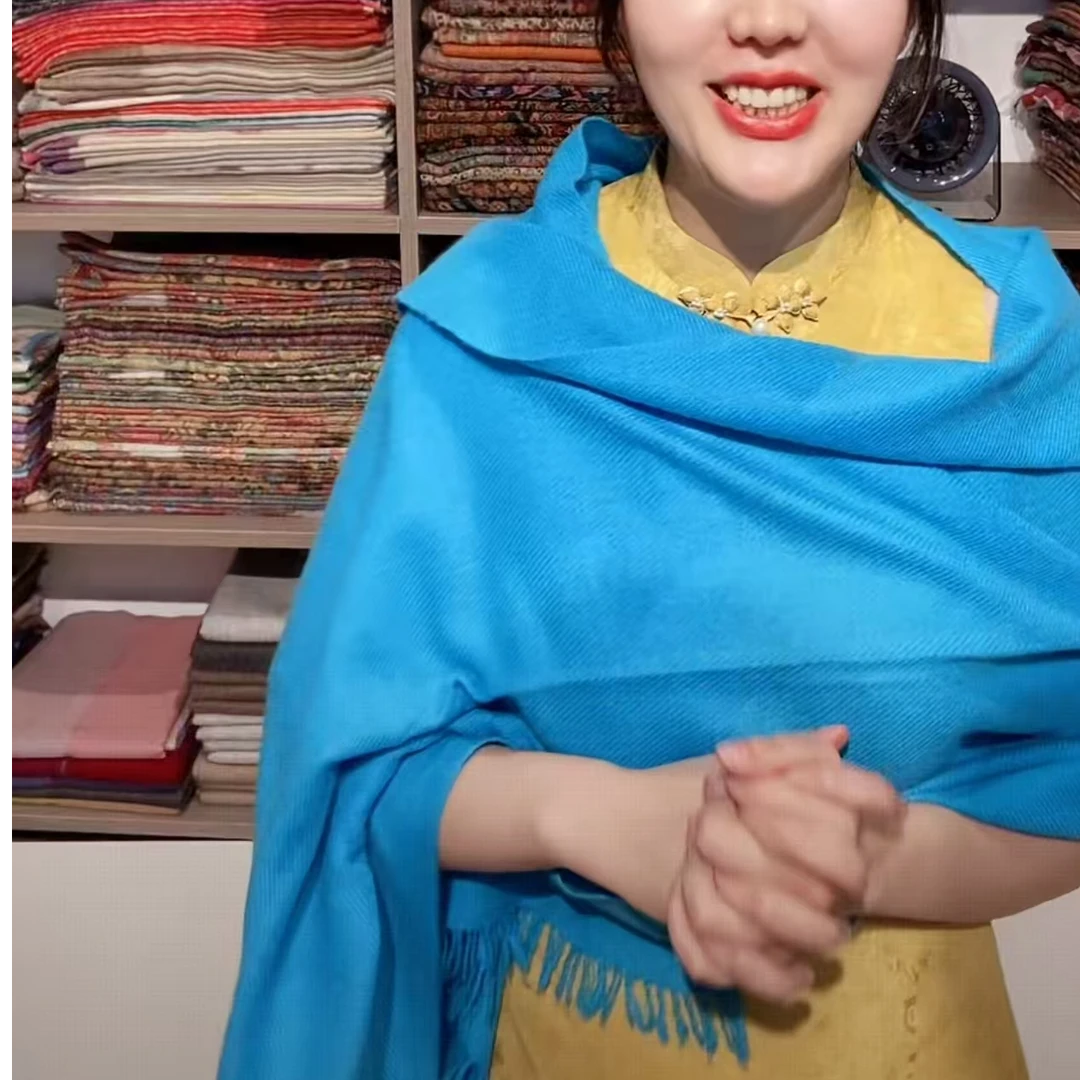 尼泊尔进口纯羊绒欧美风不掉色围巾韩版流苏蓝色披肩