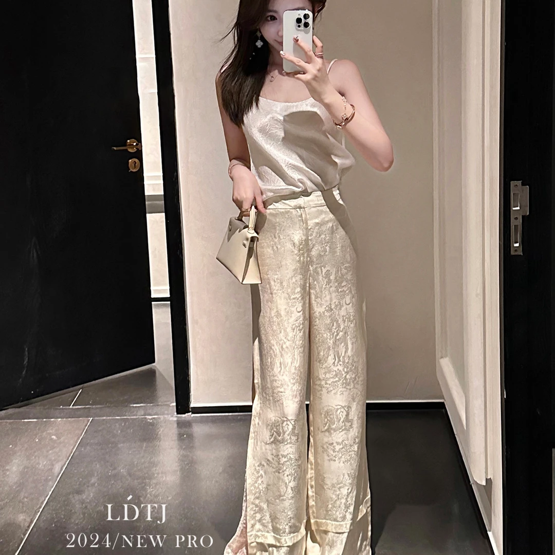 LDTJ高定长裤秋老钱风新中式人丝进口蕾丝拼缝浮雕提花缎面裤女