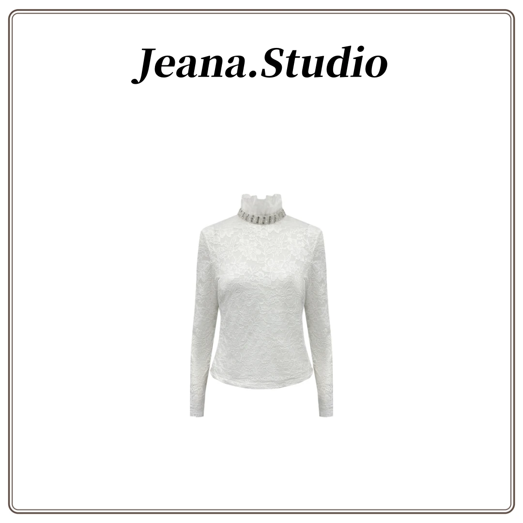 【Jeana.studio】原创设计蕾丝高领微透宝石项链长袖上衣打底