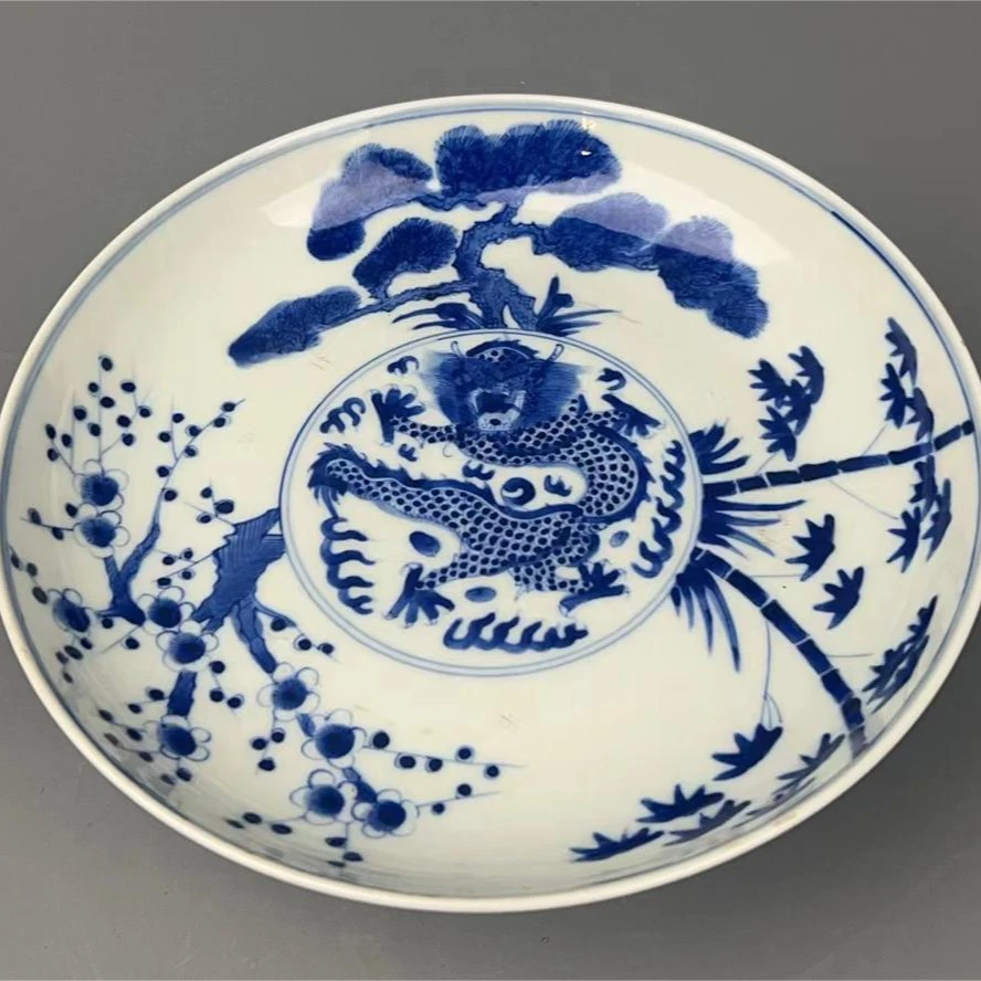清光绪青花岁寒三友龙纹盘