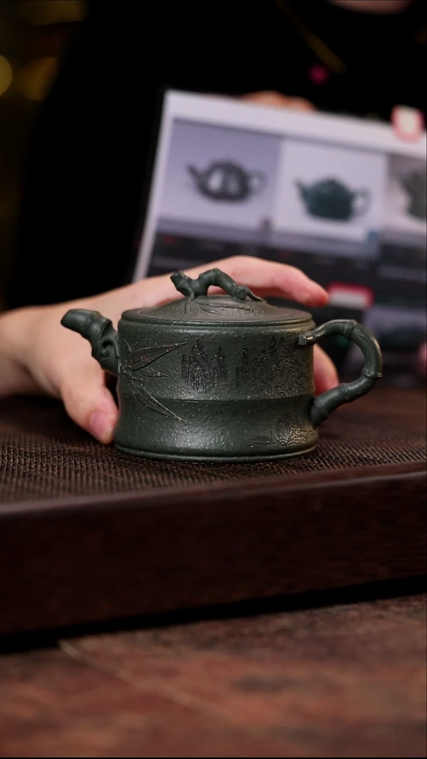 宜兴紫砂5目粗砂雪花绿竹段270cc