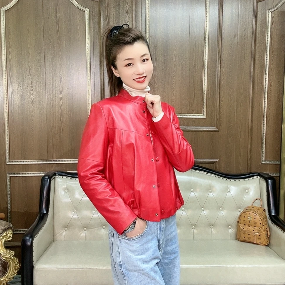 2025年春季真皮绵羊皮中国红时尚百搭短款夹克