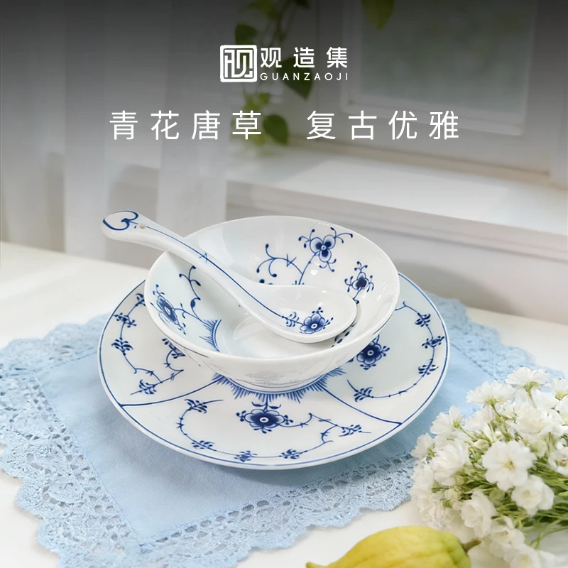 【观造集/万寿春藤】景德镇餐具米饭碗骨碟平盘勺1人食三件碗盘高温