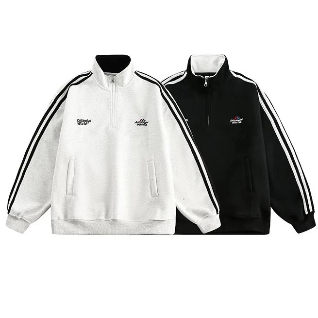 美式条纹重磅半拉链卫衣男春秋新款宽松字母刺绣百搭运动立领外套