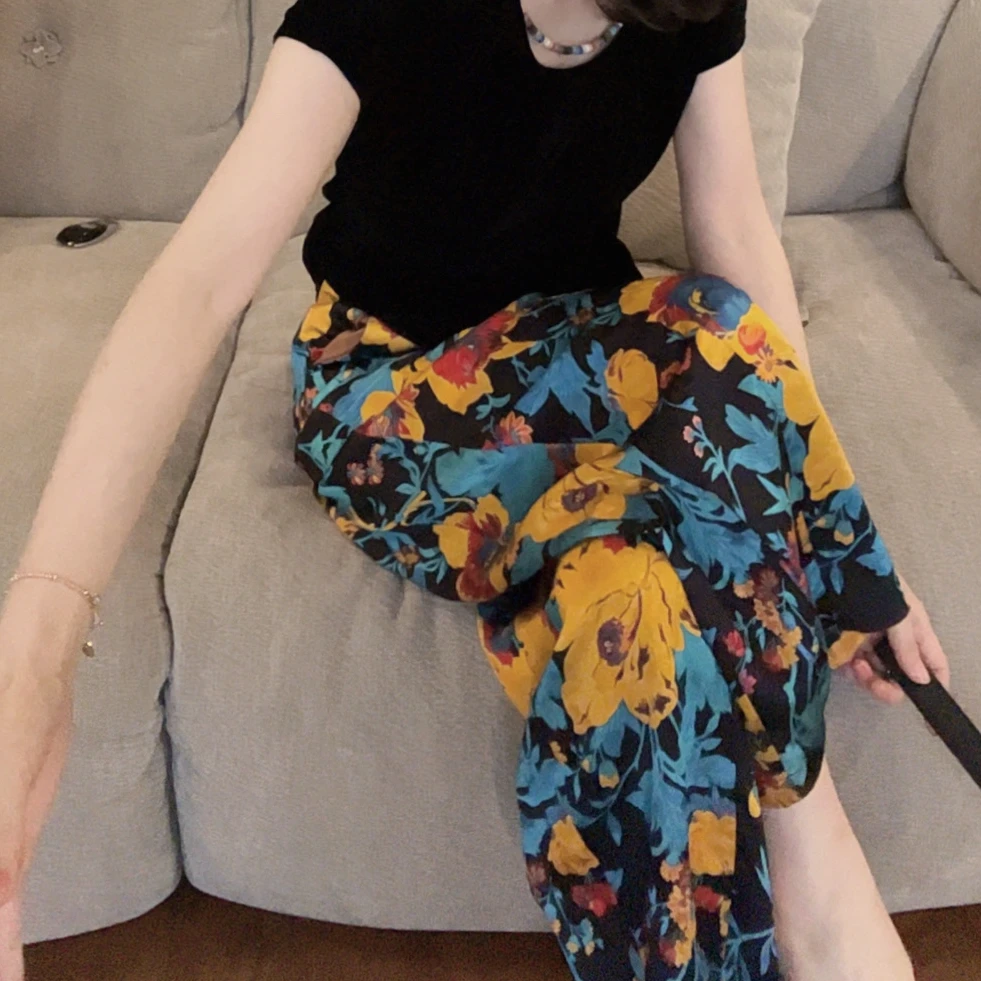 【悦悦专属】夏季新款时尚印花图案显瘦直筒休闲裤Y506