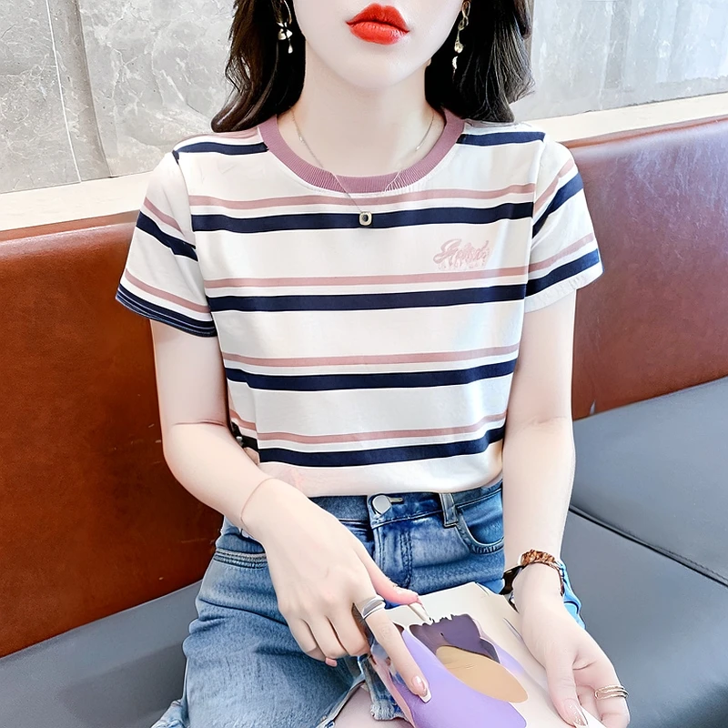 欧货条纹T恤女短袖洋气半袖夏装新款设计感重工刺绣时髦别致上衣
