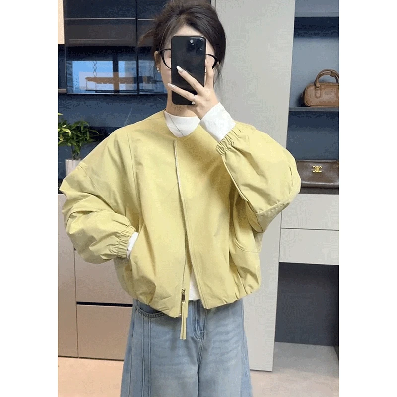 【小沫家】纯色圆领短款外套女2025春秋新款小个子休闲百搭夹克上衣