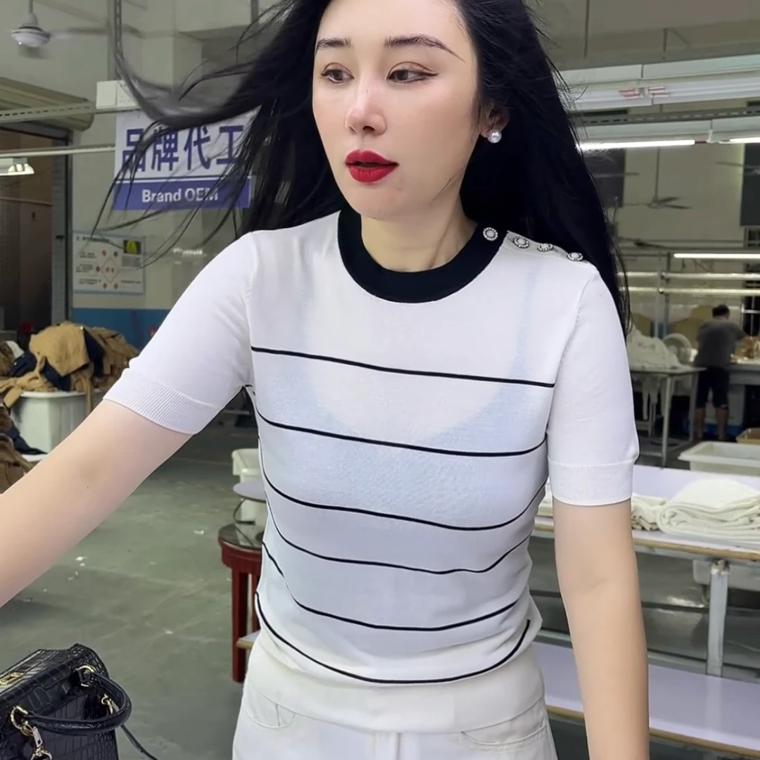 PLD条纹圆领短袖针织衫女2024夏季新款显瘦小众设计感百搭上衣