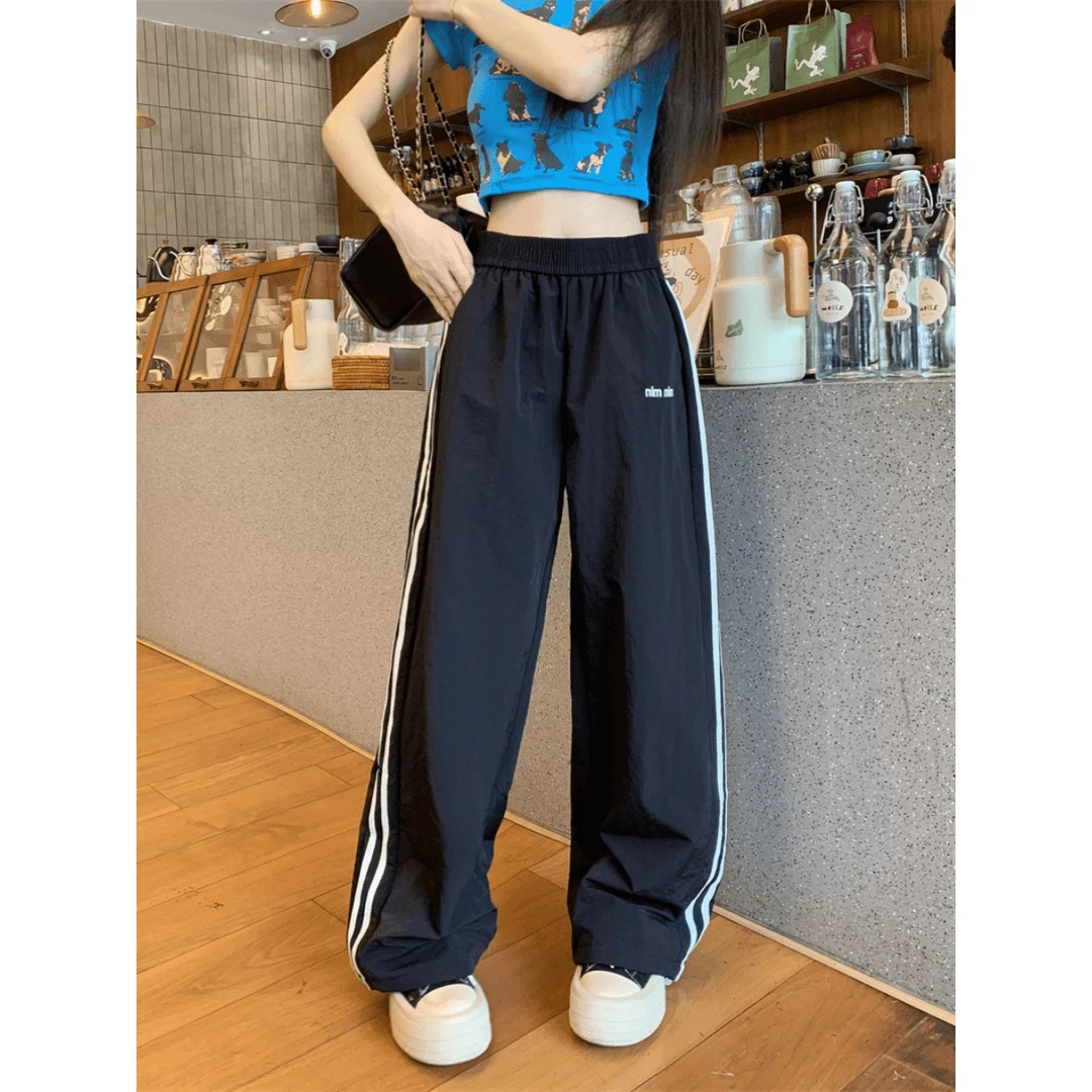 女款夏季高腰时尚网红阔腿裤条纹抽绳休闲裤2025新款通勤运动裤潮