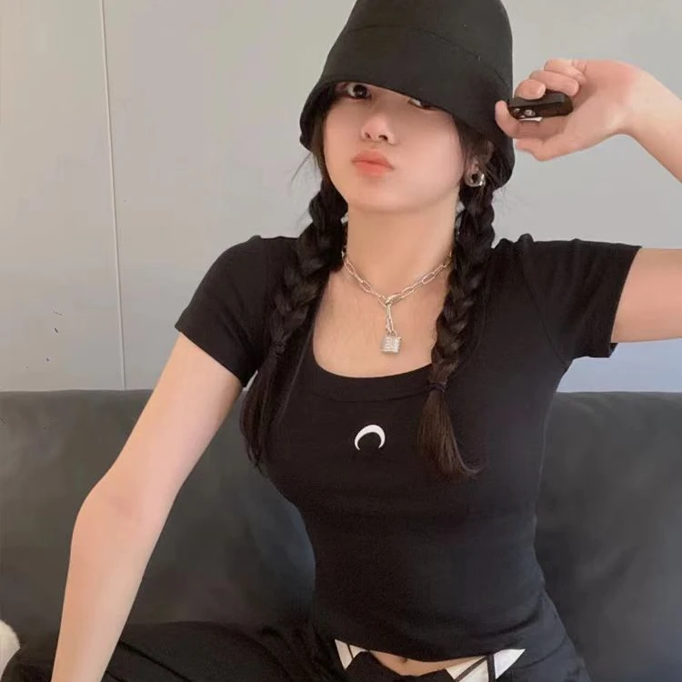 月牙T恤U领纯色打底衫性感显瘦内搭短袖上衣1239(B13-2)