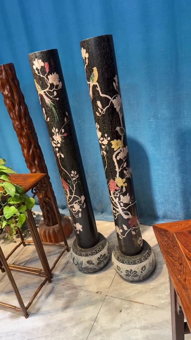 木紫檀螺钿风水柱一对邵氏紫檀木艺