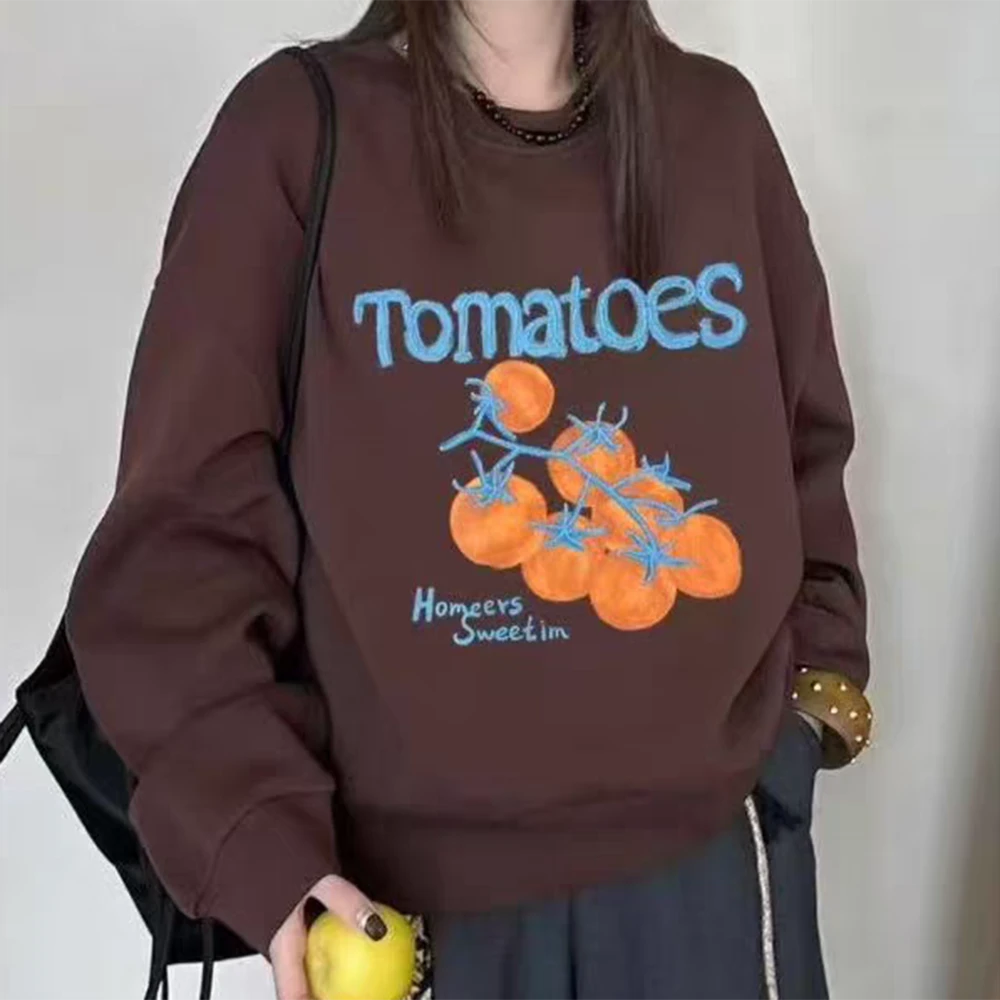 秋季新款百搭休闲时尚番茄图案设计感圆领宽松长袖卫衣女C6359