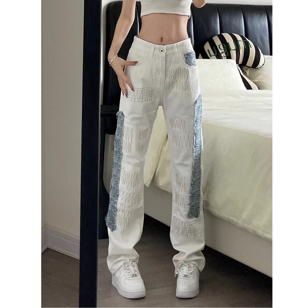 【D3039】美式高街刺绣休闲牛仔裤男女款小众设计感百搭宽松直筒裤