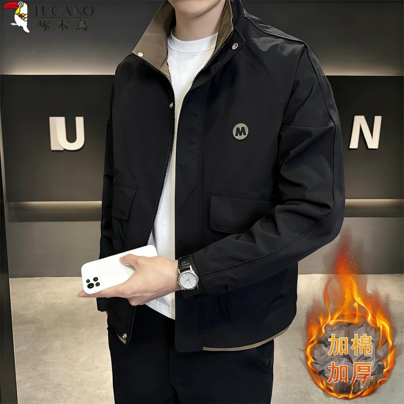 啄木鳥正品男士时尚休闲潮流帅气二棉秋冬季立领韩版加棉修身外套