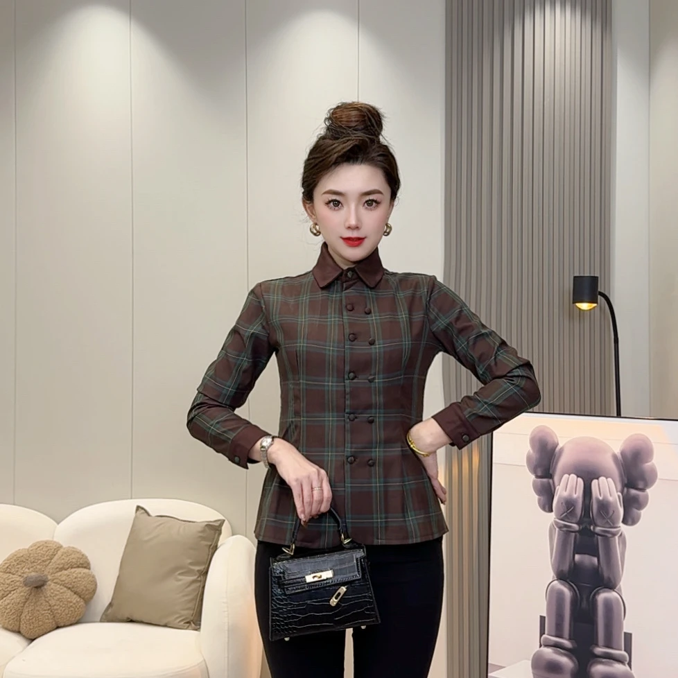 【DT加绒款】长袖格子翻领拼接成人衬衫女士修身显瘦休闲时尚X6059