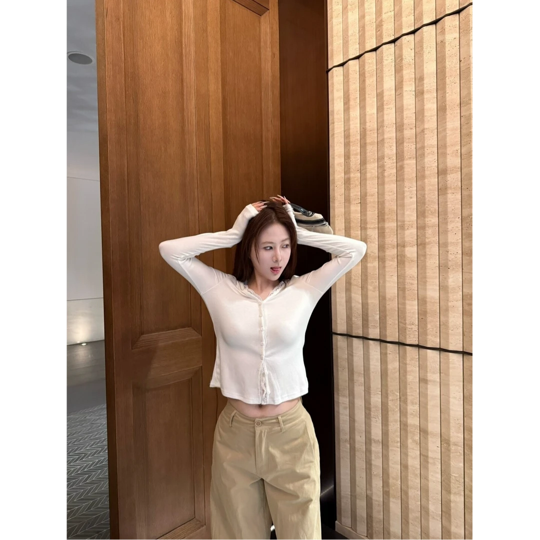 蕾丝花边 软糯通勤修身V领长袖开衫外套女秋季新款纯欲风气质上衣