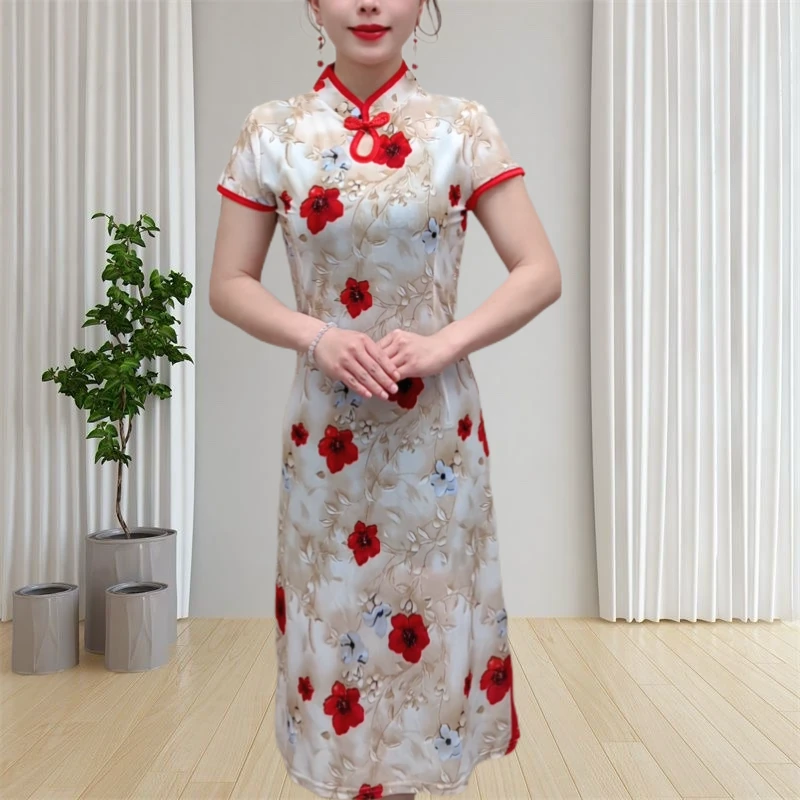 夏季薄款短袖旗袍复古中长款显瘦气质修身印花新款中国风旗袍裙