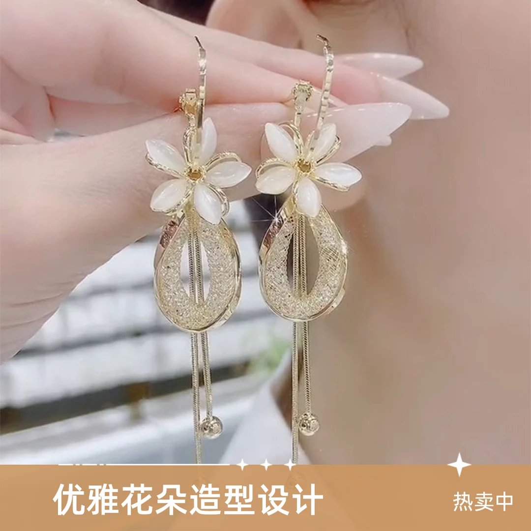 铜合金玻璃耳饰 花瓣耳环一款两带高级感纯银针气质时尚长款百搭