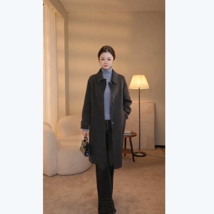 【南桥甄选】曼贝秋冬新款高端百搭双面羊绒大衣8584421深灰色外套