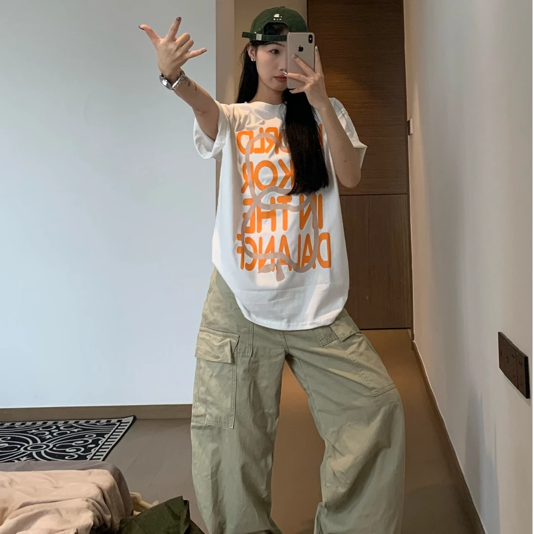 夏季美式复古穿搭纯棉圆领短袖t恤女时尚街头设计感印花宽松上衣