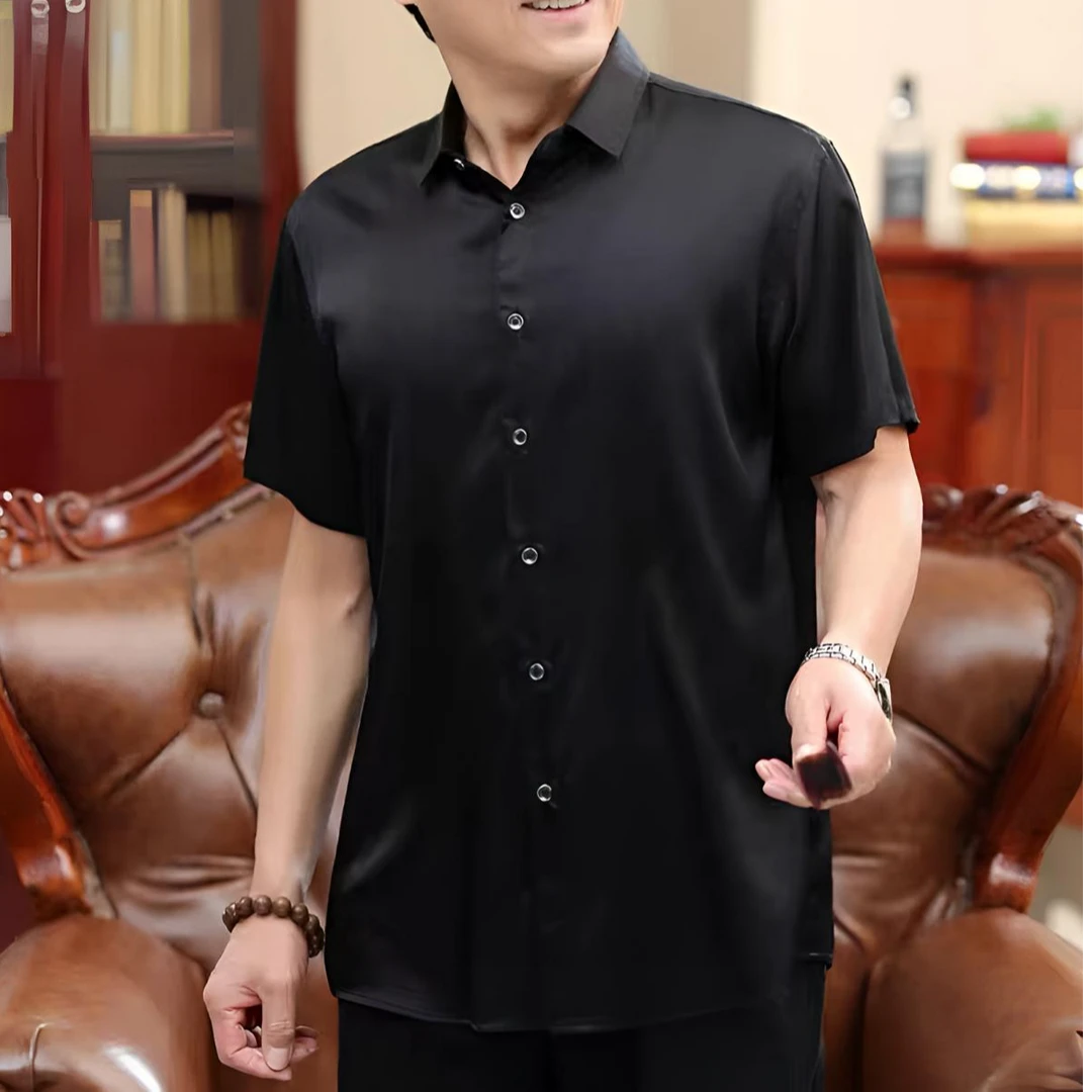 92%桑蚕丝弹力缎高档男士商务衬衫短袖轻奢透气简约百搭夏季男装