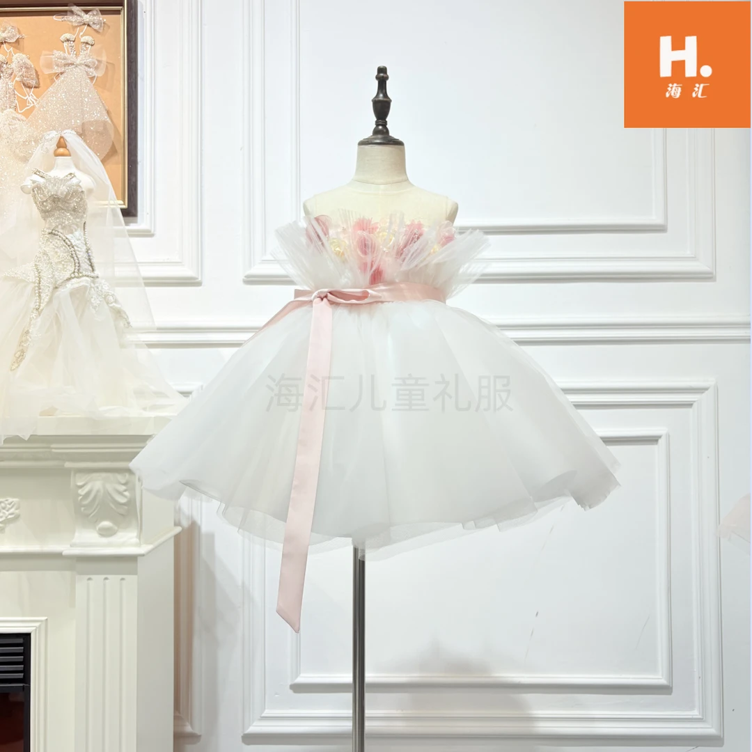 【礼物】花束儿童礼服生日白色日常花童小女孩设计款母亲节女童短款